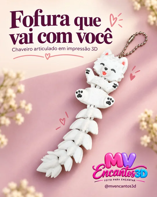 Chaveiro gatinho articulado — peça real da MV Encantos 3D
